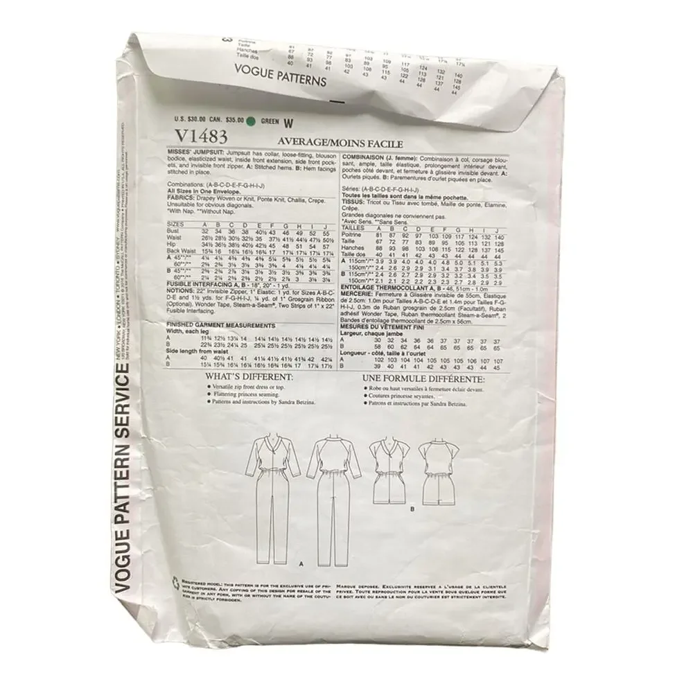 VOGUE PATTERN V1483 Jumpsuit  All Sizes  NEW UNCUT